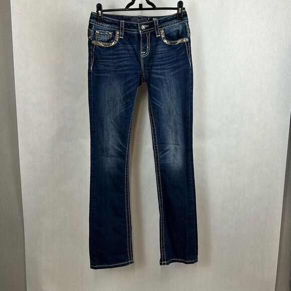 Miss Me Mid-Rise Slim Boot Cut Jeans Sz 27 Denim 33" Inseam Western Cowgirl - Picture 1 of 11